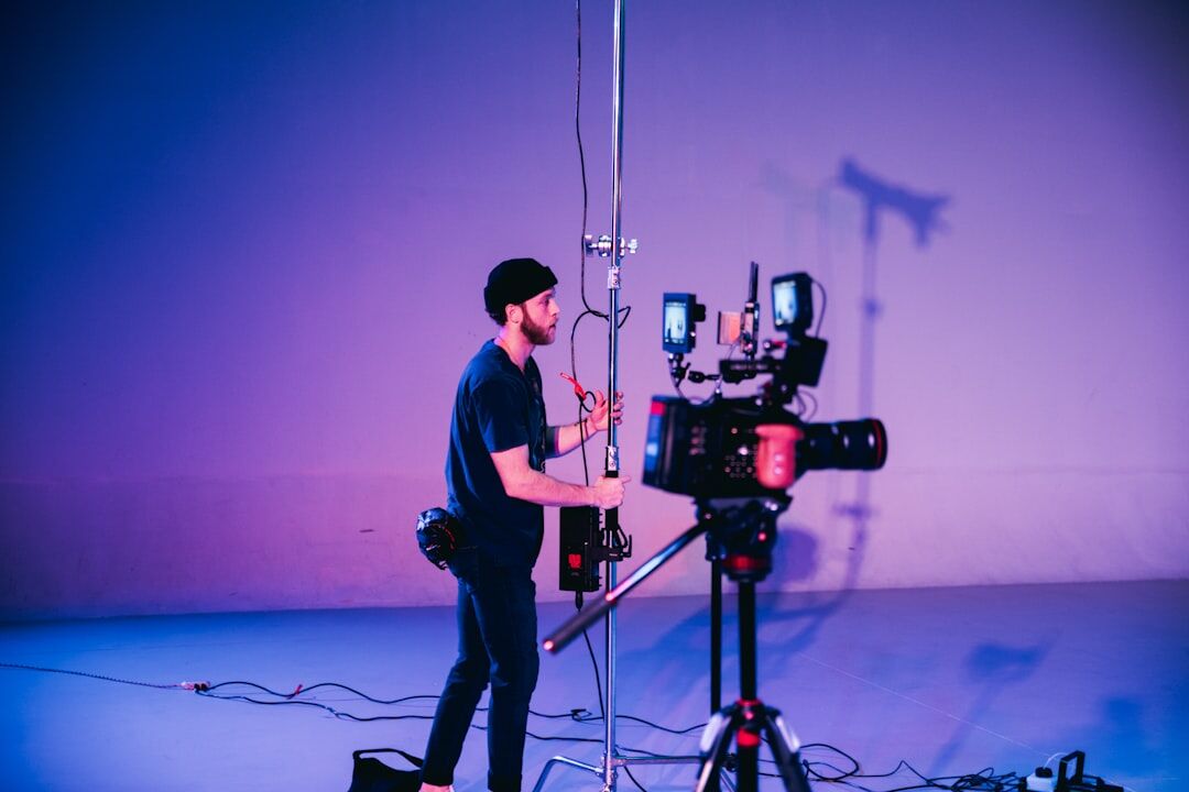 Interview filming setup with professional lights and camera